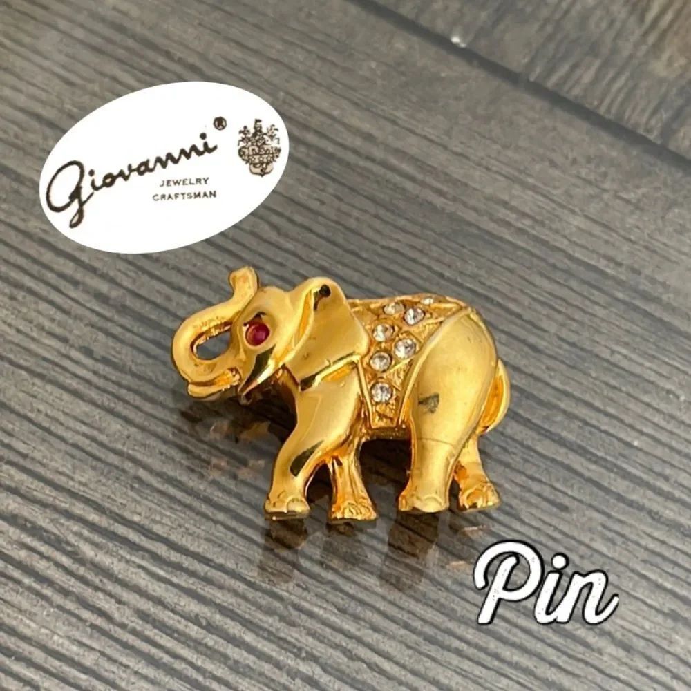 Vintage Giovanni Gold-tone Elephant Brooch with Red & Clear Rhinestones Accents